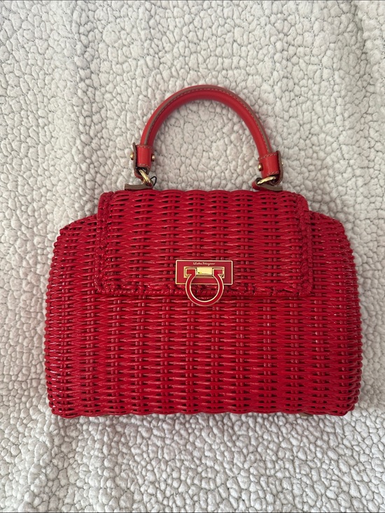 Salvatore Ferragamo Handbags - Salvatore Ferragamo Gancini Red Woven Rattan Basket Top-Handle Satchel with CoA